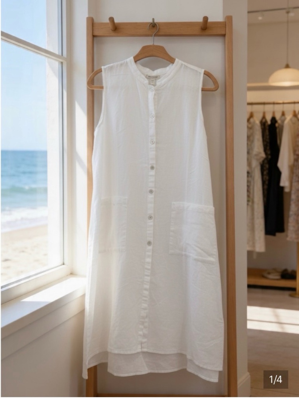 Eileen Fisher White Sleeveless Button-Front Midi Dress - Picture 5 of 6
